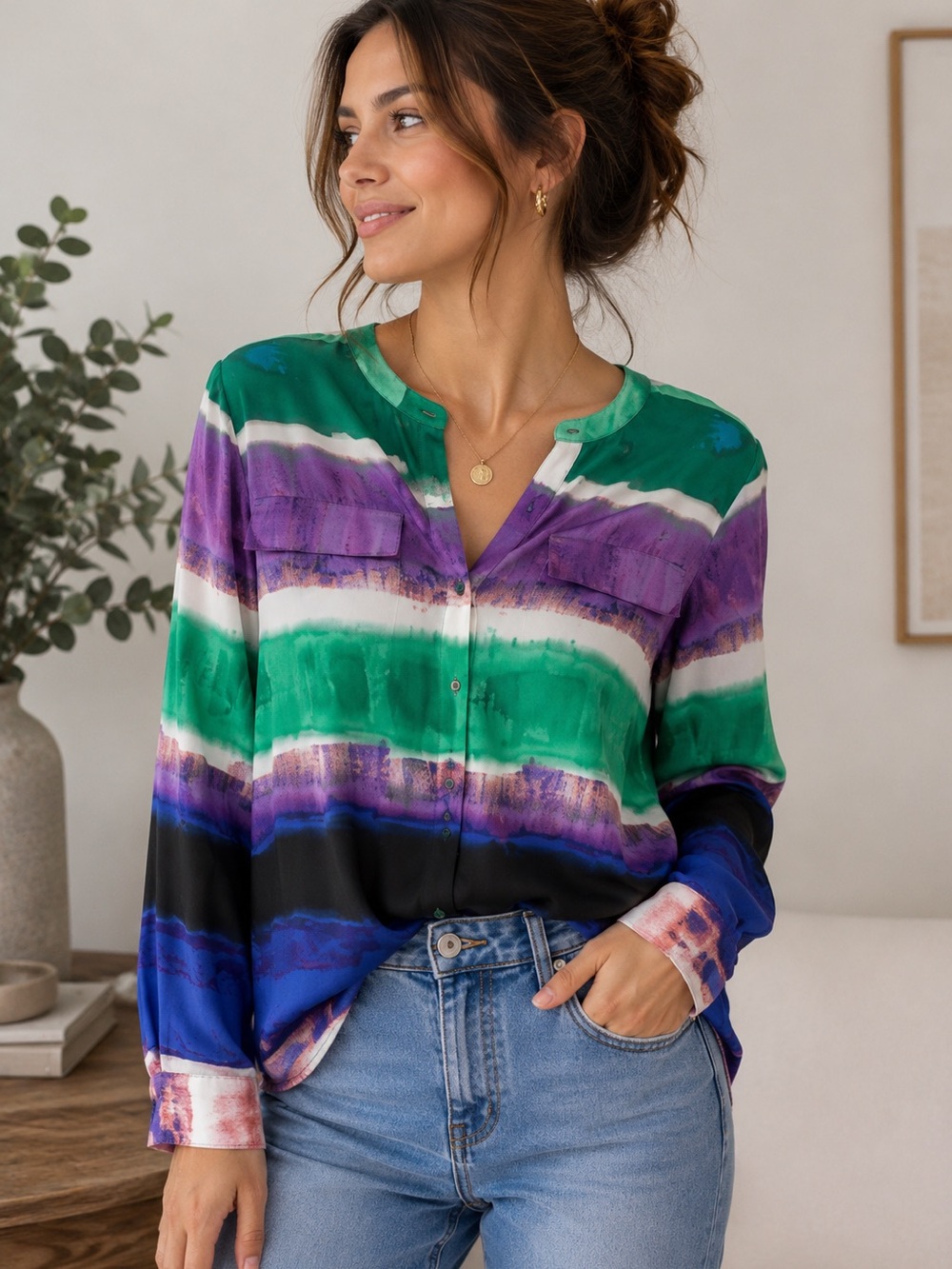 Calvin Klein Silk Blouse – Size S – Vibrant Multicolor